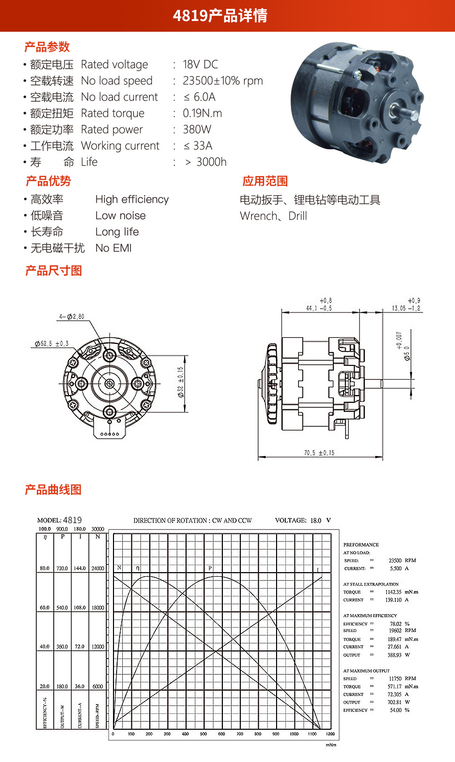 X-TEAM 4819电动工具无刷电机